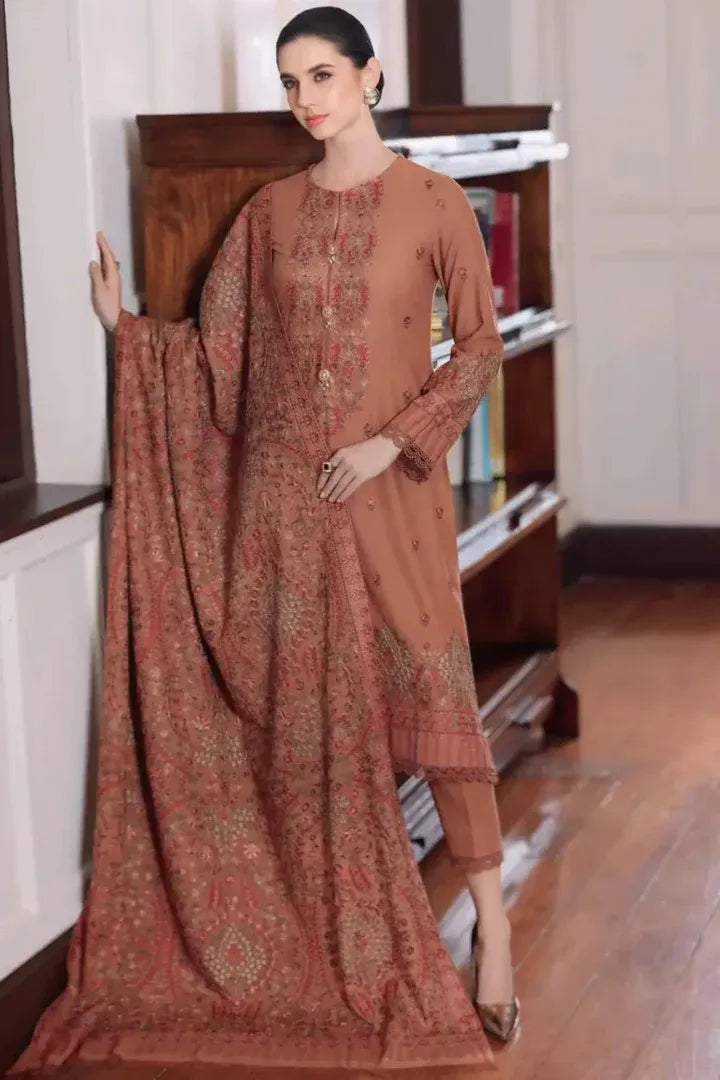 AR-950 Unstitched Embroidered Dhanak Wool Suit With Embroidered Dhanak Shawl
