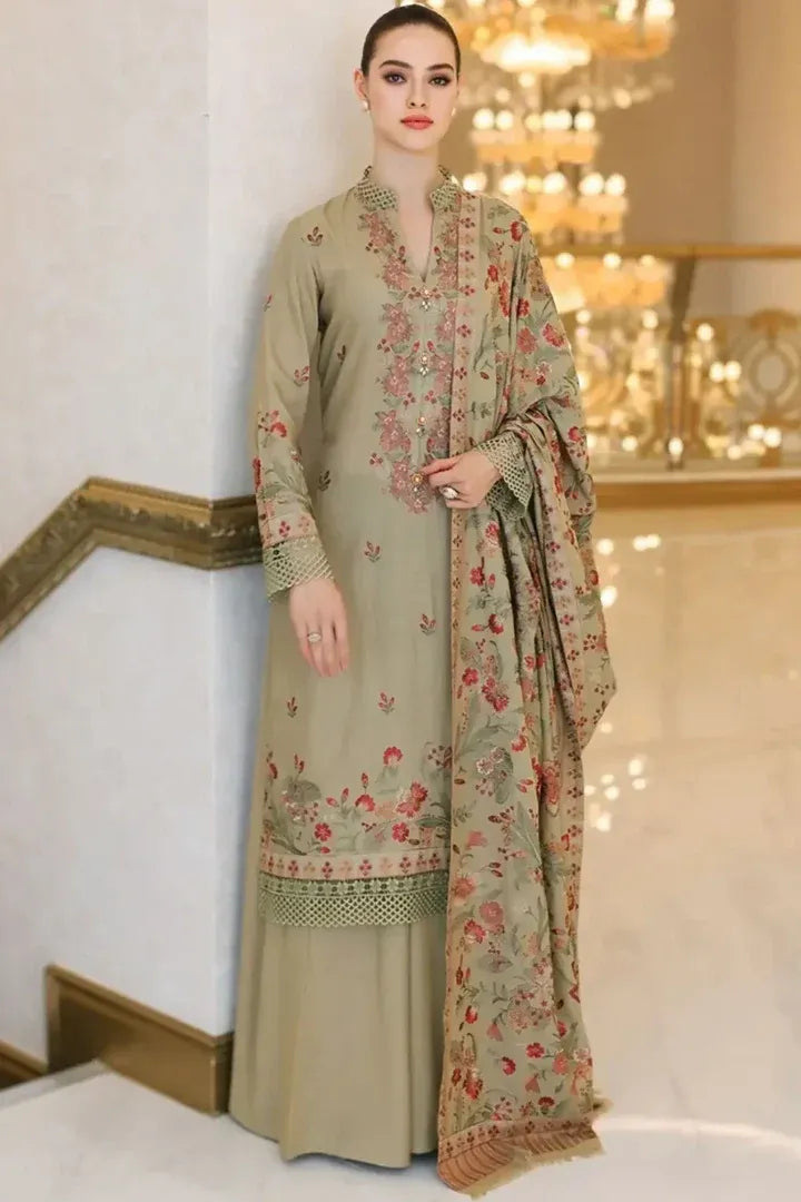 AR-955 Unstitched Embroidered Dhanak Wool Suit With Embroidered Dhanak Shawl