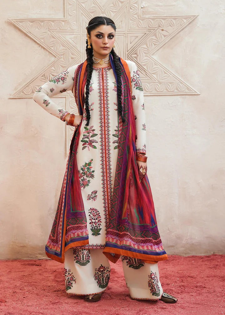 AR-575 Linen Stuff 3 piece Fully Embroidered With Digital Printed Silk Dupatta & Extra Patches