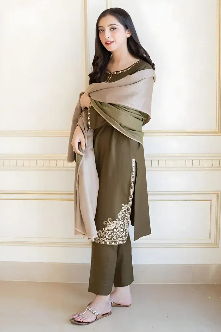 AR-AS10 Unstitched Embroidered Dhanak Suit With Dyed Dhanak Shawl