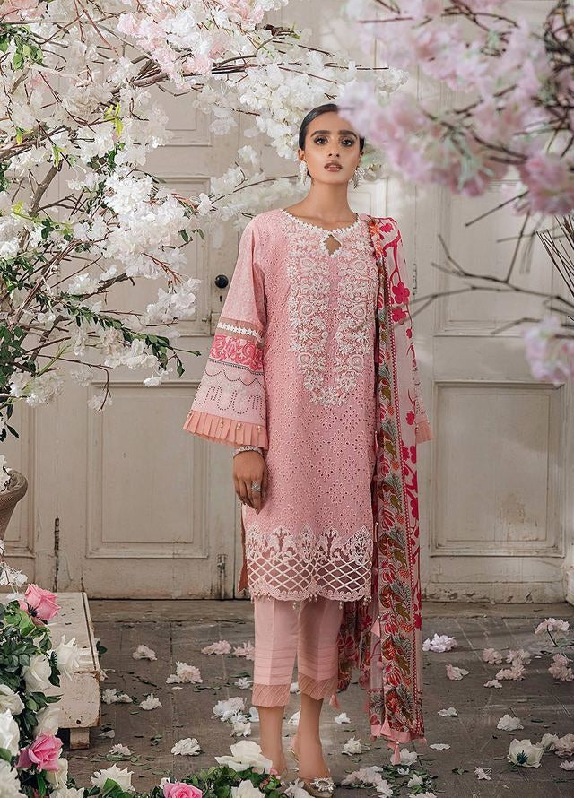 AR-52 Lawn Embroidered Chikenkari 3pc With Embroidered Patches & Chiffon Dupatta