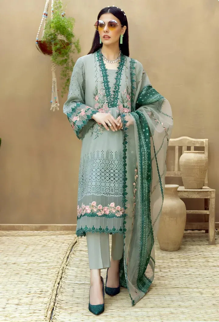 AR-LM16 Lawn Unstitched Embroidered 3pc Suit With Organza Embroidered Dupatta