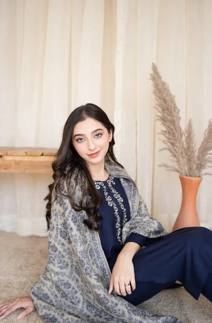 AR-MB830 Unstitched Fully Embroided Dhanak Suit With Wool Shawl