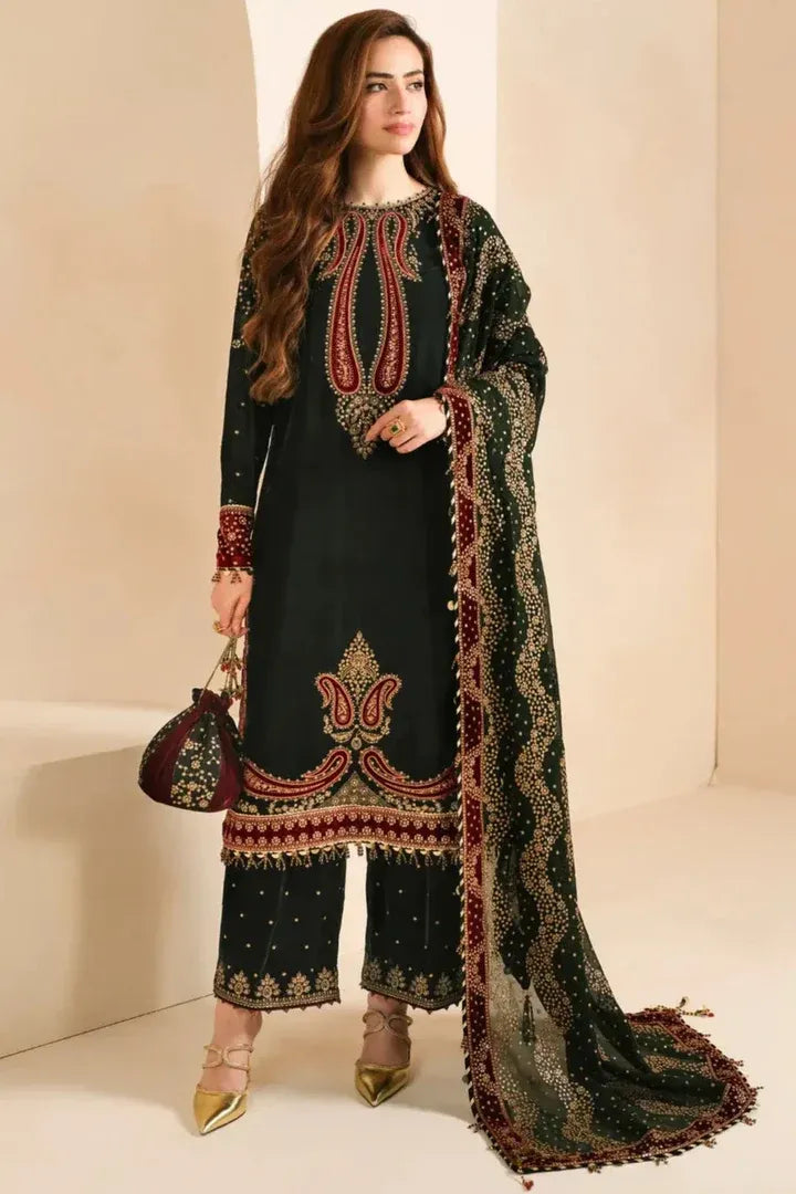 AR-999 Embroidered 9000 Micro Velvet 3Pc With Embroidered Chiffon Dupatta