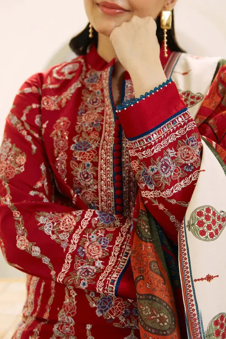 AR-50 (Red) Lawn Embroidered 3pc With Printed Chiffon Dupatta