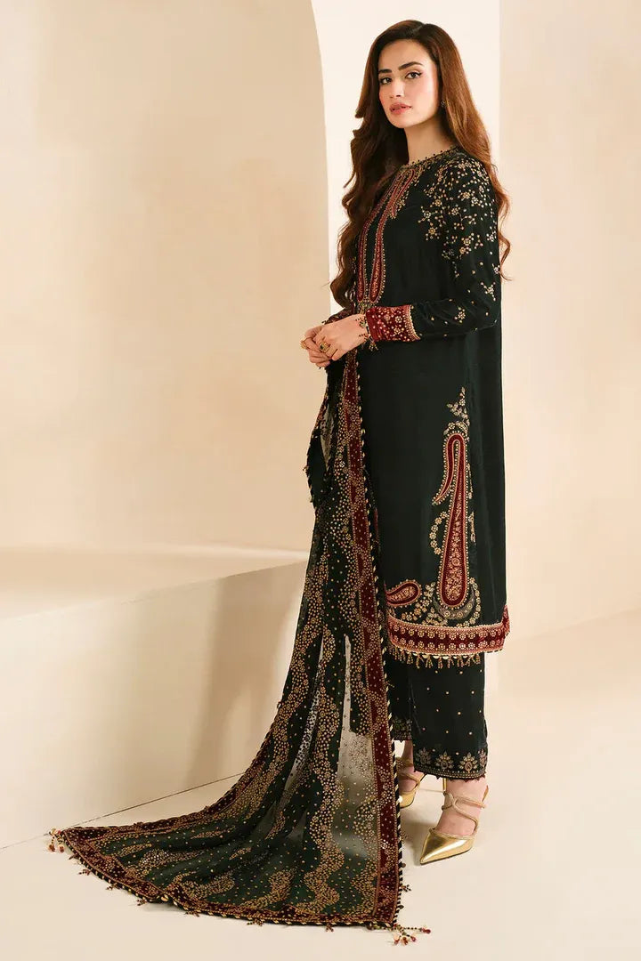 AR-999 Embroidered 9000 Micro Velvet 3Pc With Embroidered Chiffon Dupatta