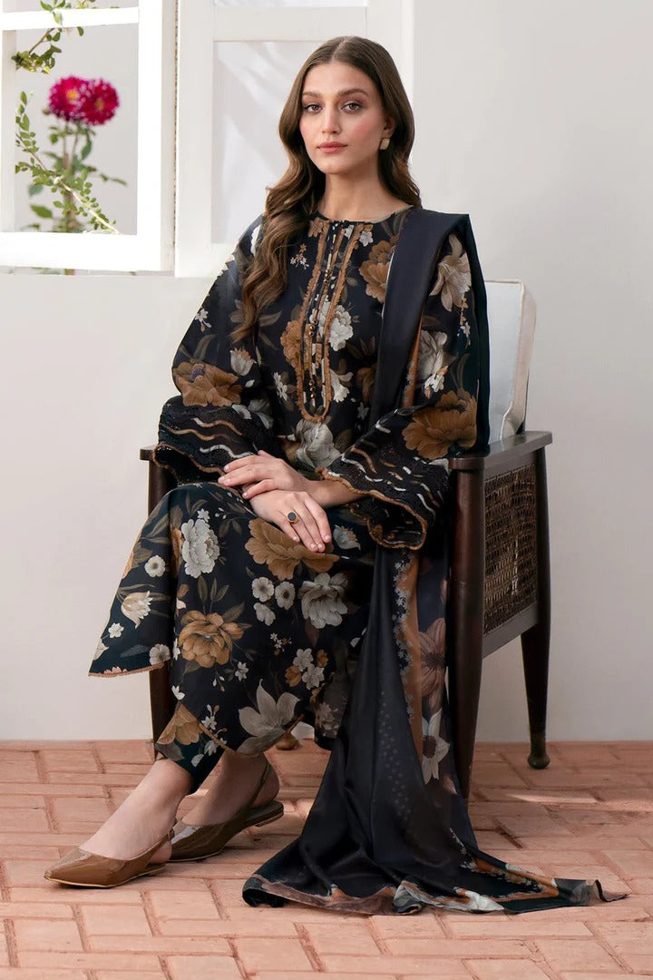 Digital Printed Khaddar Suit 3pc With Khaddar Digital Printed Dupatta & Embroidered Patches