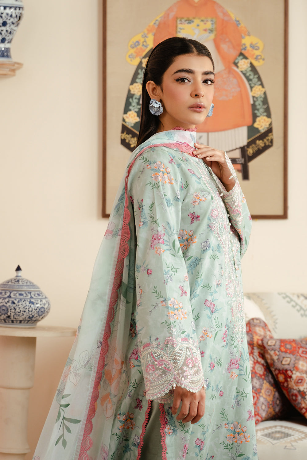 AR-AF83 Lawn Unstitched Digital Printed 3pc With Printed Chiffon Dupatta (Neckline, Sleeves & Daman Embroidered Patches)