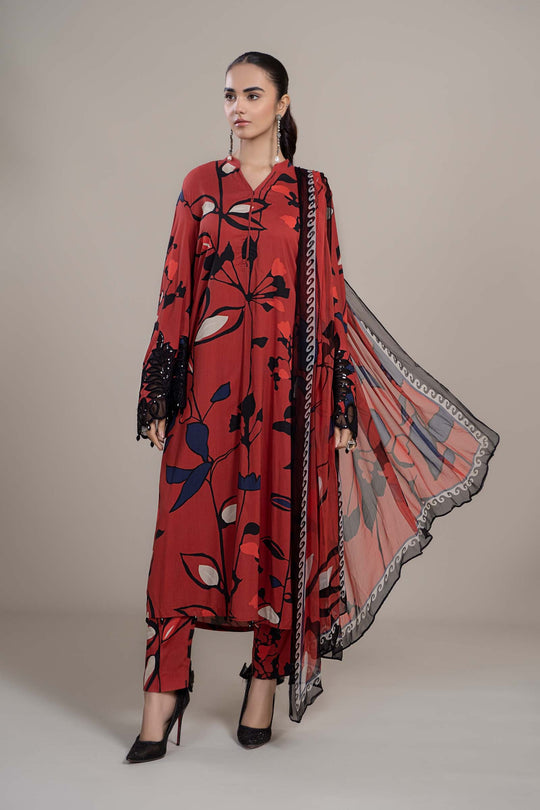 AR-2009R 3pc Digital Printed Unstitched Lawn Suit With Crinkle Chiffon Dupatta & Embroidered Laces