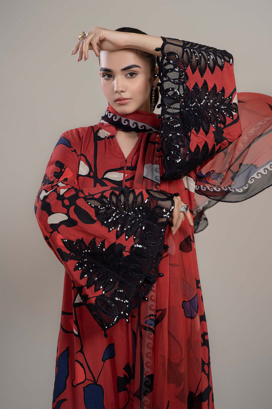 AR-2009R 3pc Digital Printed Unstitched Lawn Suit With Crinkle Chiffon Dupatta & Embroidered Laces