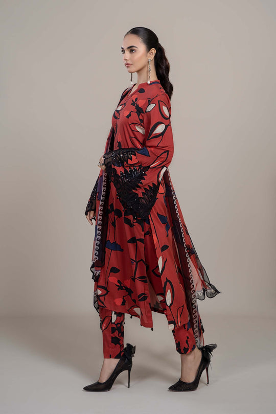 AR-2009R 3pc Digital Printed Unstitched Lawn Suit With Crinkle Chiffon Dupatta & Embroidered Laces