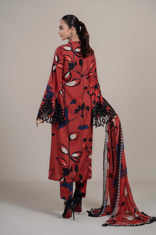 AR-2009R 3pc Digital Printed Unstitched Lawn Suit With Crinkle Chiffon Dupatta & Embroidered Laces