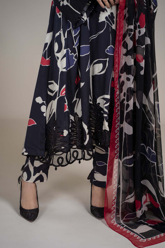 AR-2009 3pc Digital Printed Unstitches Lawn Suit With Crinkle Chiffon Dupatta & Embroidered Laces