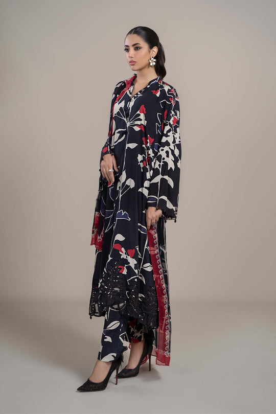 AR-2009 3pc Digital Printed Unstitches Lawn Suit With Crinkle Chiffon Dupatta & Embroidered Laces