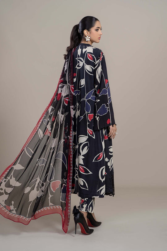 AR-2009 3pc Digital Printed Unstitches Lawn Suit With Crinkle Chiffon Dupatta & Embroidered Laces