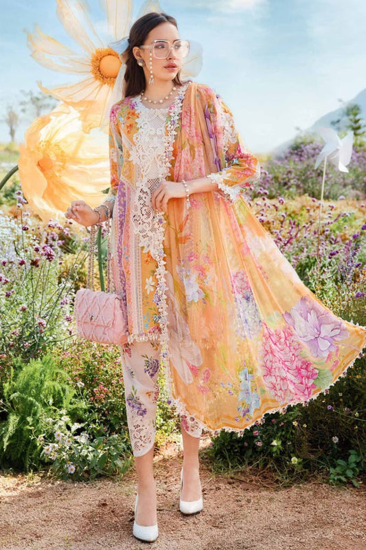 AR-MB464 Unstitched Digital Printed Lawn Suit 3pc With Voil Lawn Digital Printed Dupatta & Embroidered Patches