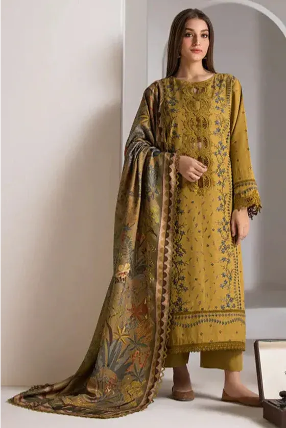 AR-59 Dhanak Embroidered Suit With Digital Printed Wool Shawl