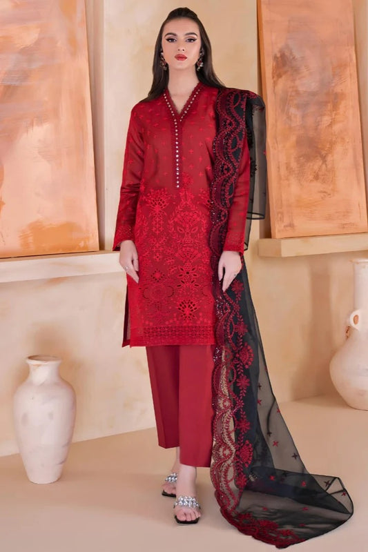AR-LM20 Chikenkari Unstitched Embroidered Lawn 3Pc Suit With Organza Embroidered Dupatta