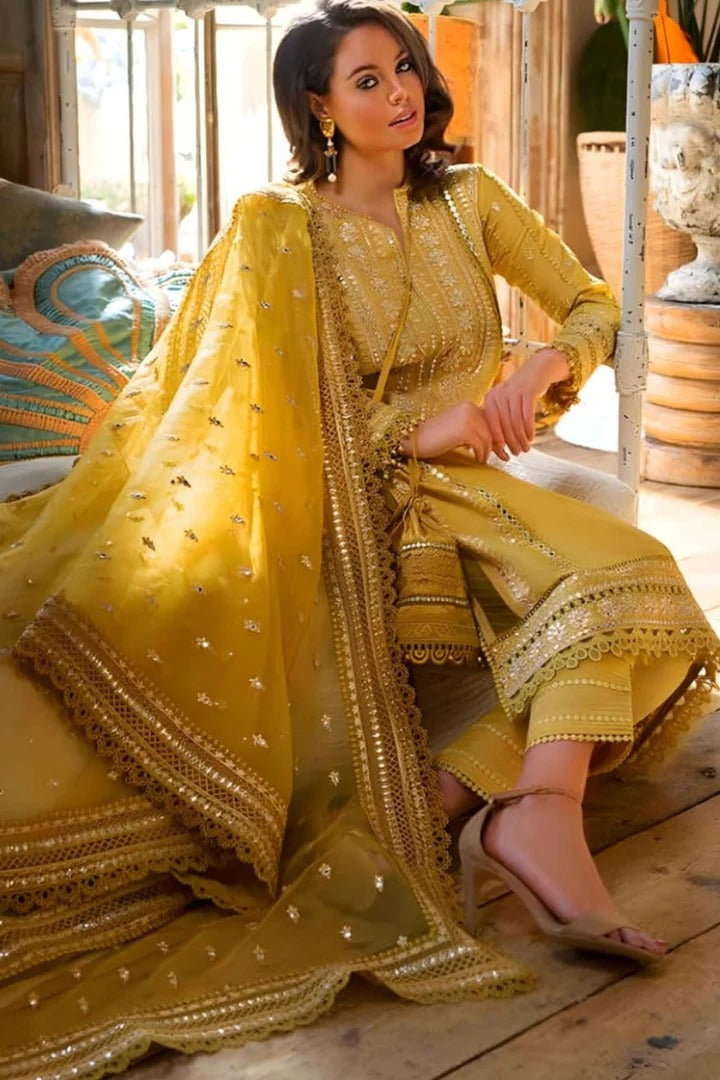 AR-1342 Sequence Embroidered Unstitched Lawn 3pc Suit With Sequence Embroidered Organza Dupatta