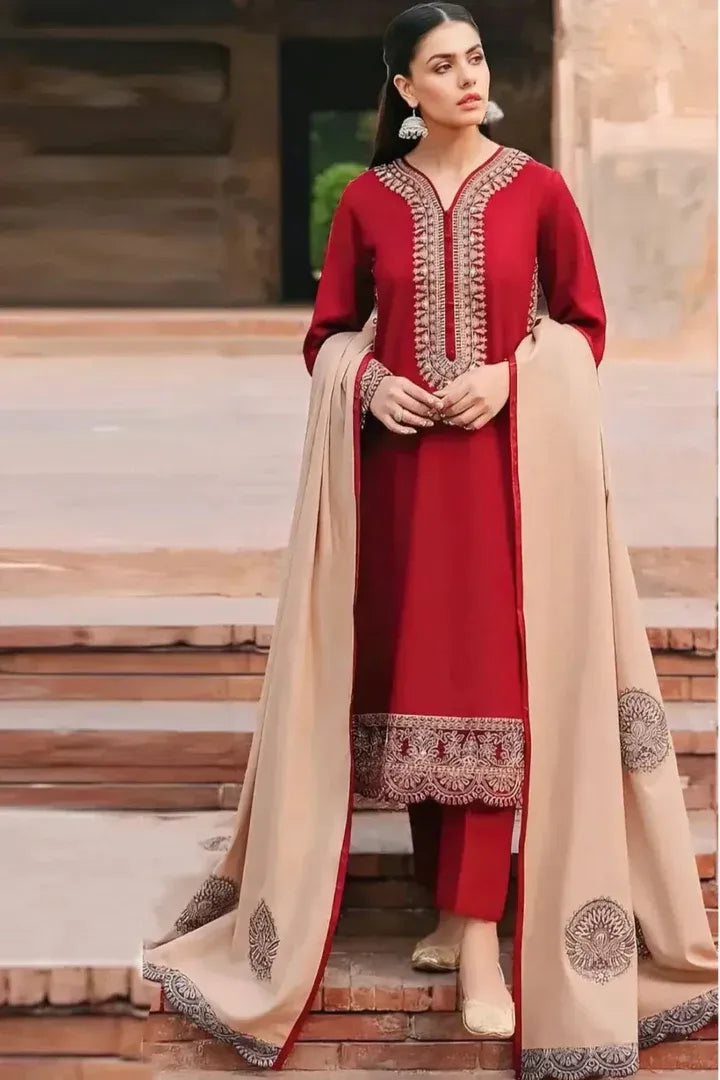 AR-MK970 Unstitched Embroidered Dhanak Suit With Embroidered Dhanak Shawl