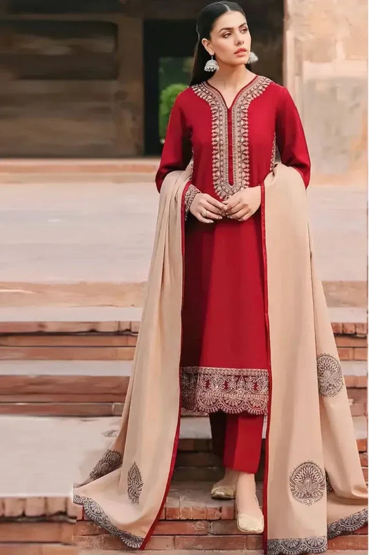 AR-MK970 Unstitched Embroidered Dhanak Suit With Embroidered Dhanak Shawl