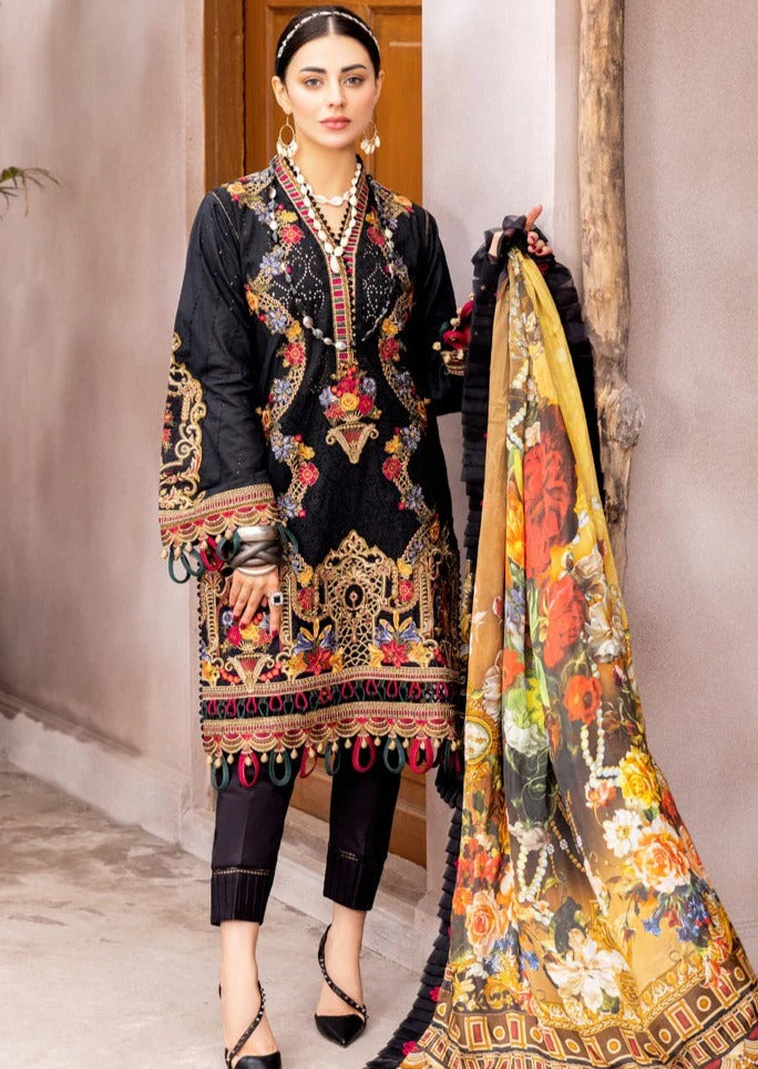 AR-311 Embroidered Unstitched Lawn 3pc Suit With Silk Printed Dupatta