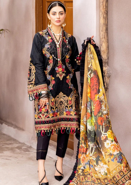 AR-311 Embroidered Unstitched Lawn 3pc Suit With Silk Printed Dupatta
