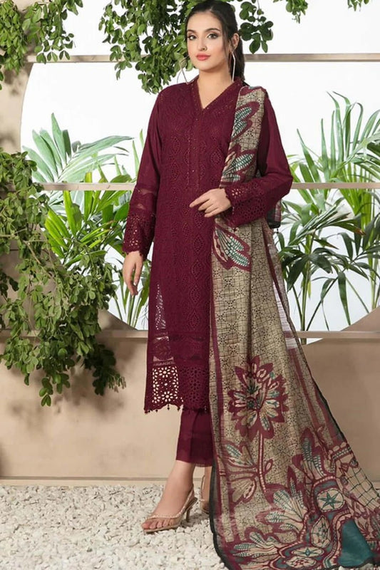 AR-100 Lawn Embroidered 3pc Suit With Monar Zari Dupatta