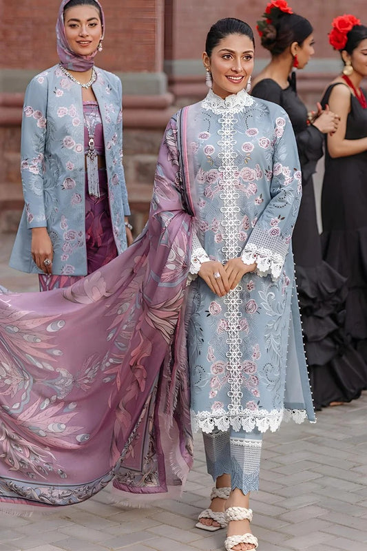 AR-24 Chikenkari Unstitched Embroidered 3pc Lawn Suit With Silk Digital Printed