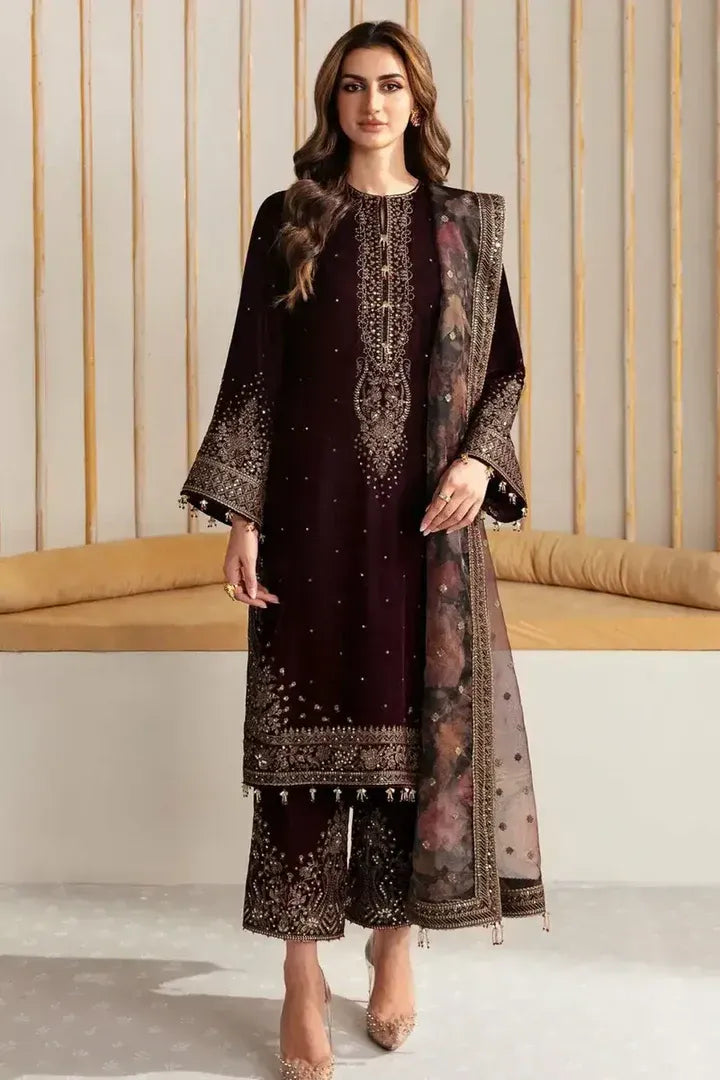 AR-1015 Sequence Embroidered 9000 Micro Velvet 3Pc With Organza Embroidered Dupatta