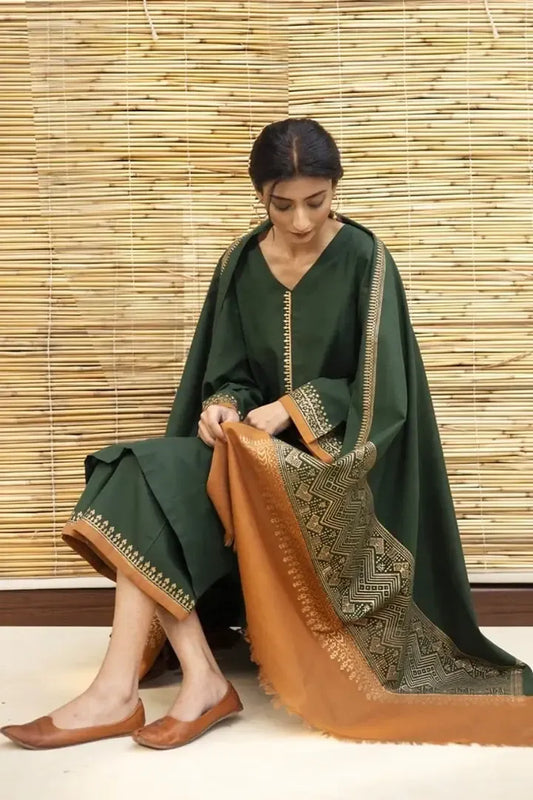 AR-1075 3Pc Unstitched Dhanak Suit with Printed Woolen Shawl