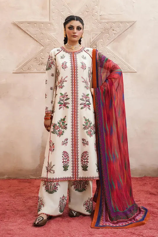 AR-575 Linen Stuff 3 piece Fully Embroidered With Digital Printed Silk Dupatta & Extra Patches