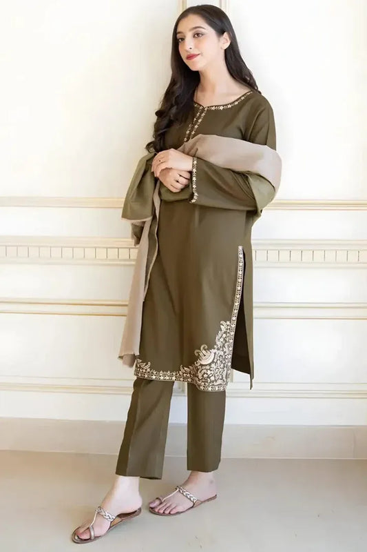 AR-AS10 Unstitched Embroidered Dhanak Suit With Dyed Dhanak Shawl