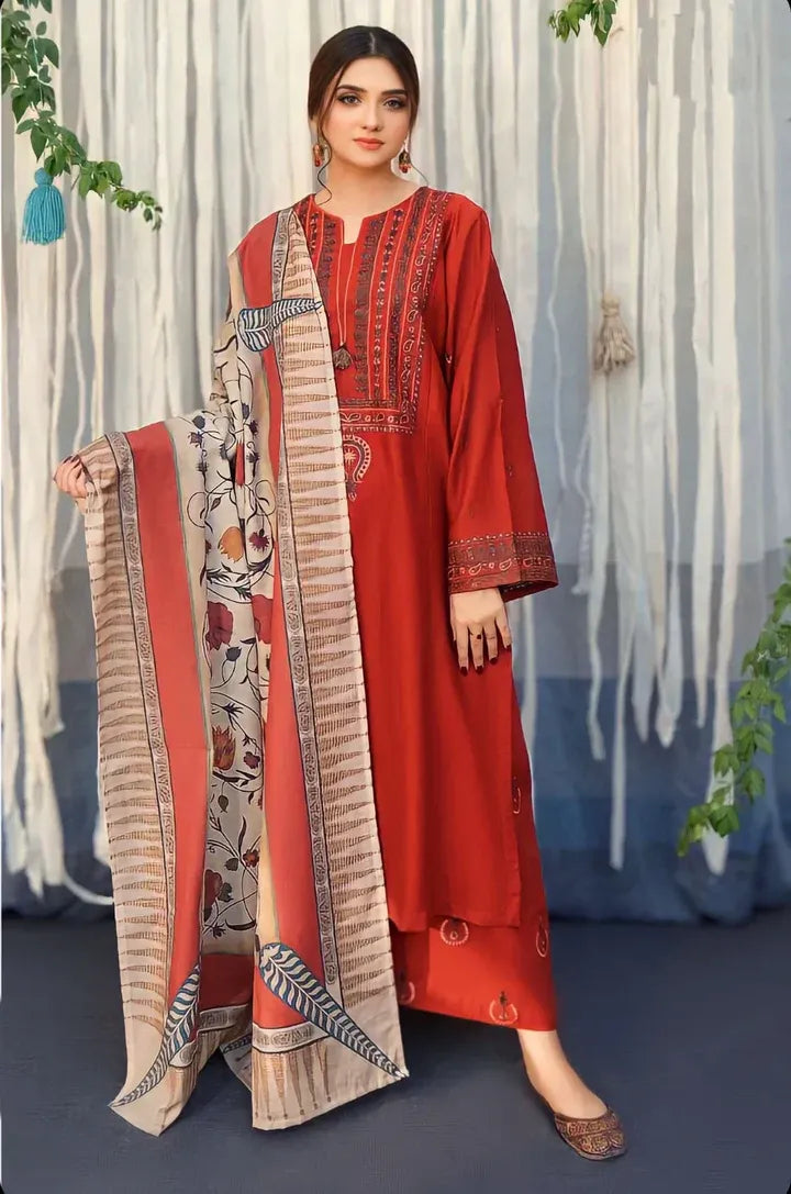 AR-925 Dhanak Embroidered Suit With Digital Printed Wool Shawl