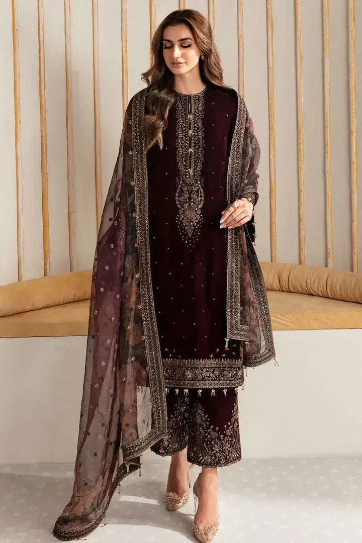 AR-1015 Sequence Embroidered 9000 Micro Velvet 3Pc With Organza Embroidered Dupatta