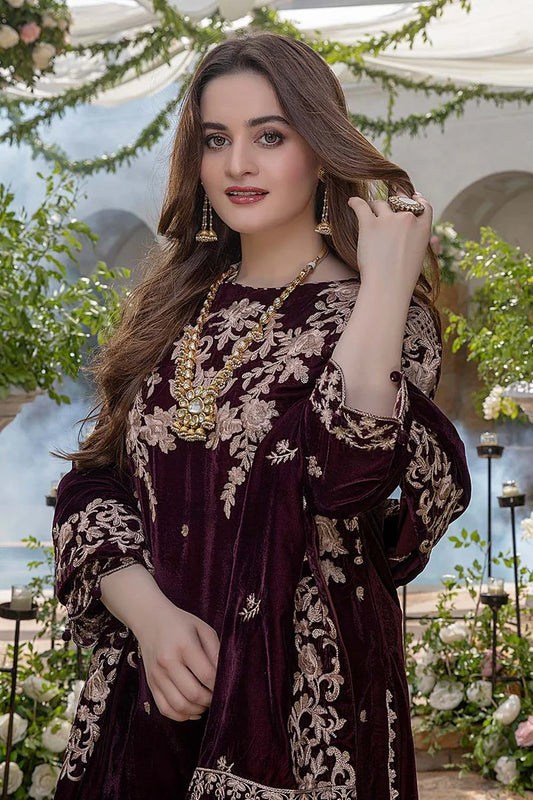AR-1004 Sequence Embroidered 9000 Micro Velvet 3Pc With Velvet Embroidered Shawl