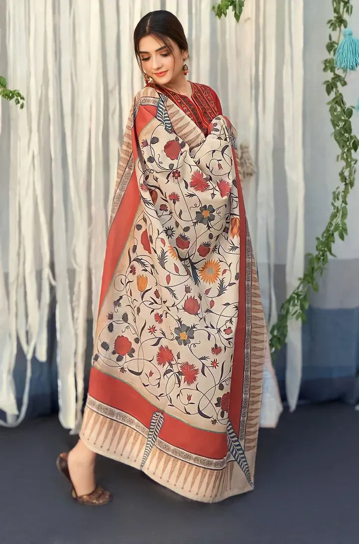 AR-925 Dhanak Embroidered Suit With Digital Printed Wool Shawl