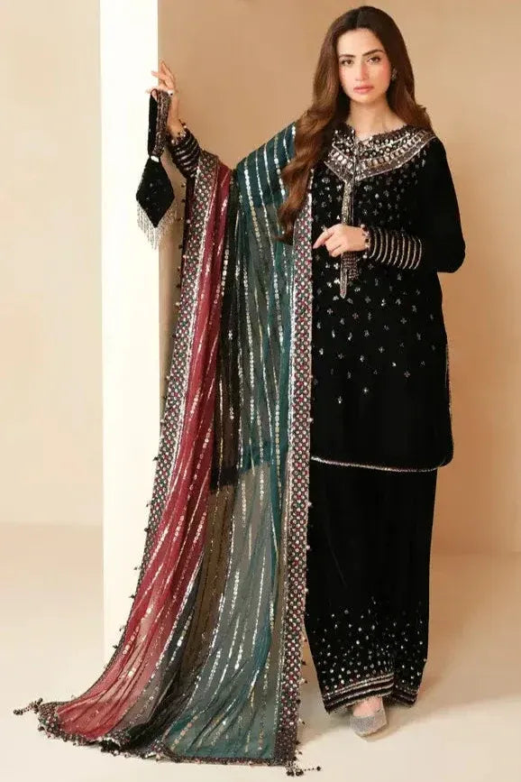 AR-996 Embroidered 9000 Micro Velvet 3Pc With Embroidered Chiffon Dupatta