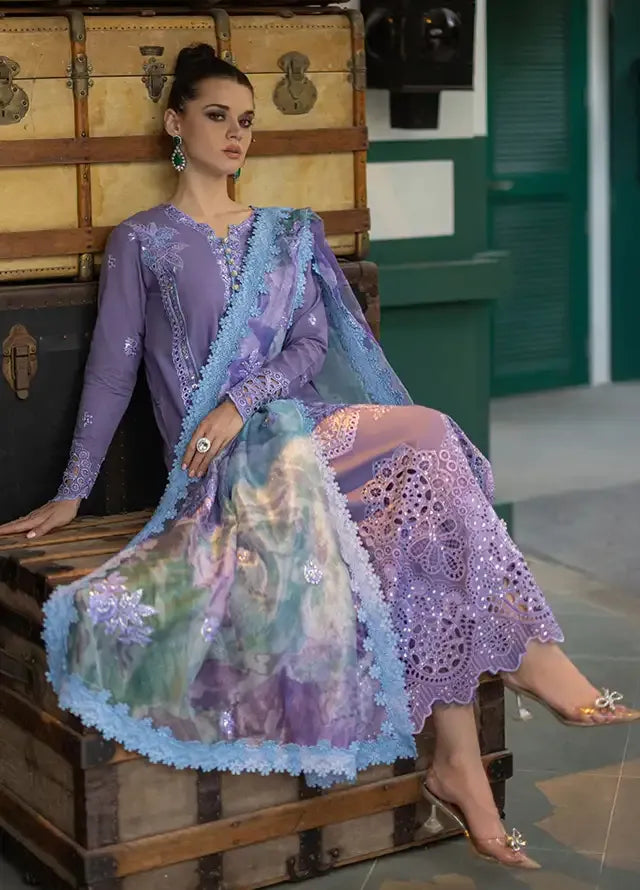 AR-OR86 Lawn Unstitched 3pc Fully Embroidered Suit With Cotton Net Silky Printed Dupatta 4 Sided Embroidered Lace