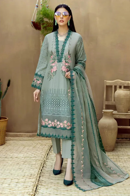 AR-LM16 Lawn Unstitched Embroidered 3pc Suit With Organza Embroidered Dupatta