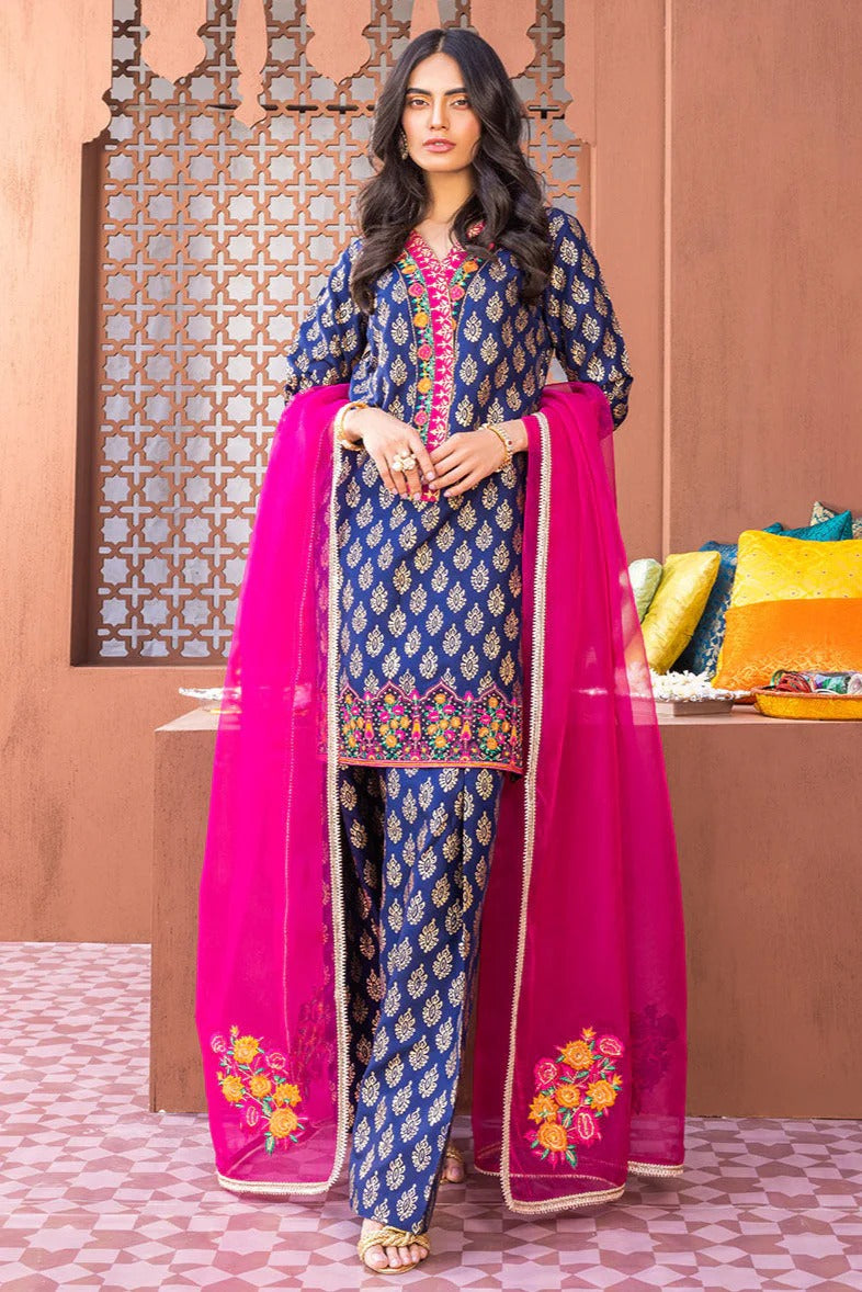 Digital Printed Lawn 3pc Suit With Digital Printed Poly Lawn Dupatta & Embroidered Patches