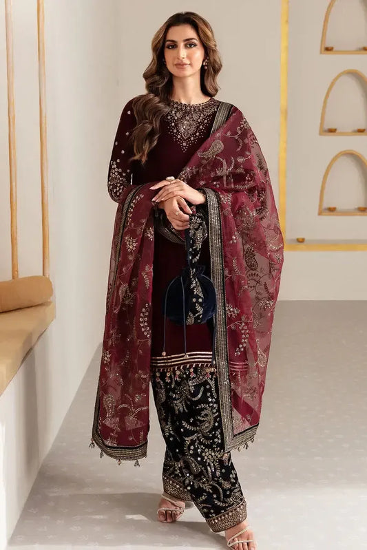 AR-1015 Sequence Embroidered 9000 Micro Velvet 3Pc With Organza Embroidered Dupatta