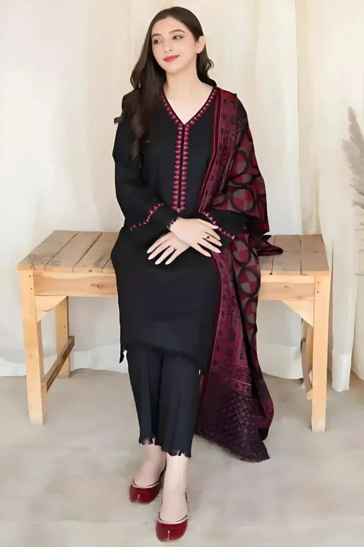 AR-235 3Pc Unstitched Dhanak Suit with Printed Woolen Shawl