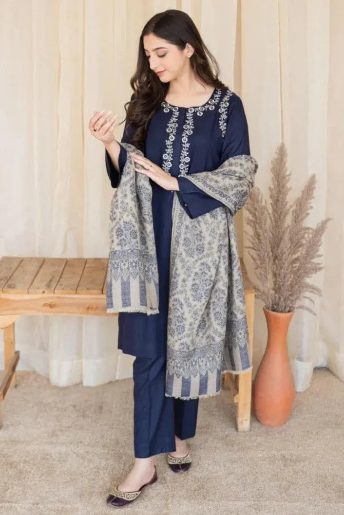 AR-MB830 Unstitched Fully Embroided Dhanak Suit With Wool Shawl