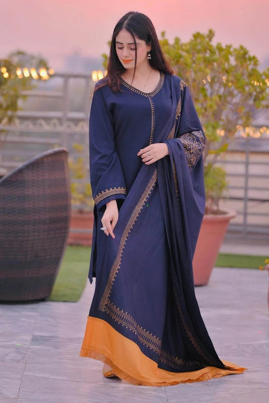 AR-1145 3Pc Unstitched Dhanak Suit with Printed Woolen Shawl