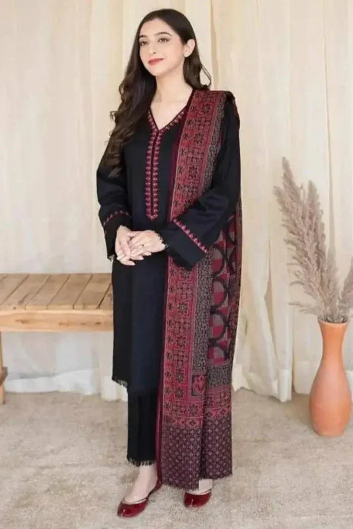 AR-235 3Pc Unstitched Dhanak Suit with Printed Woolen Shawl
