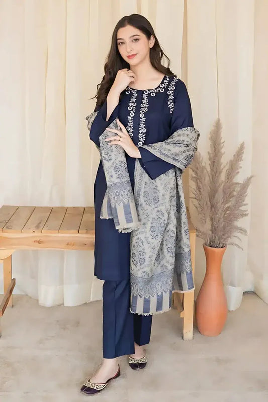 AR-MB830 Unstitched Fully Embroided Dhanak Suit With Wool Shawl