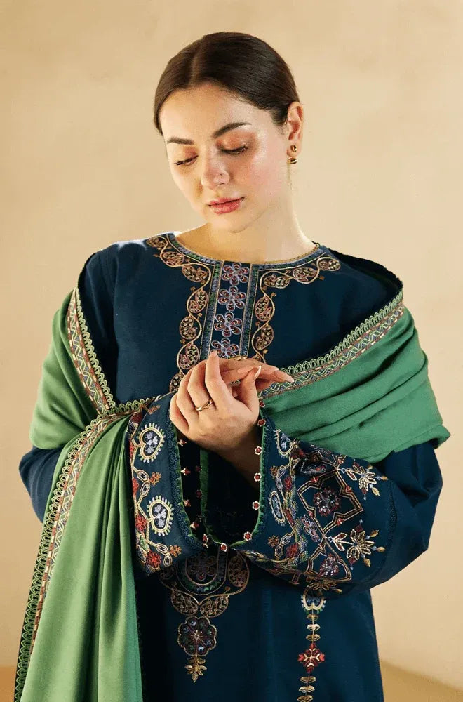 AR-840 Embroidered 3Pc Dhanak Suit With Dhanak Embroidered Dupatta