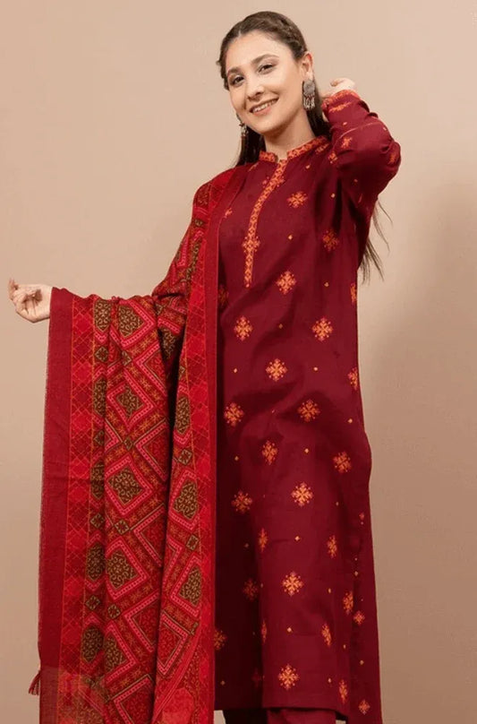 AR-750 Unstitched Embroidered Dhanak Suit Printed Woolen Shawl