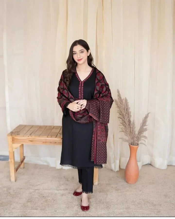 AR-235 3Pc Unstitched Dhanak Suit with Printed Woolen Shawl